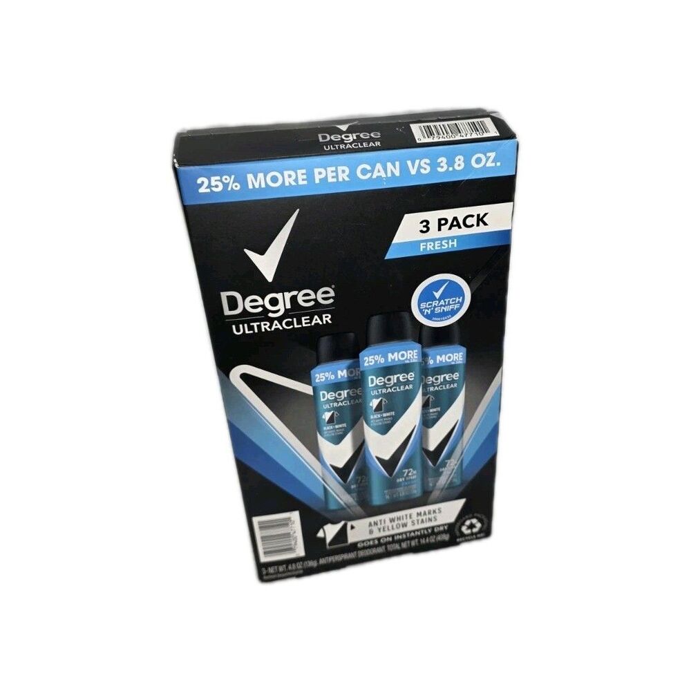 3 Pk Degree Ultra clear Deodorant Spray 4.8 oz Each Fresh Scent Anti White Stain